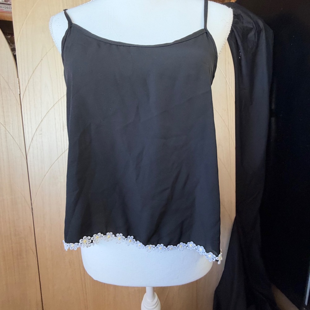 Coquette Cami Tank Top Medium Black Daisy Trim Strappy Back Boho Festival